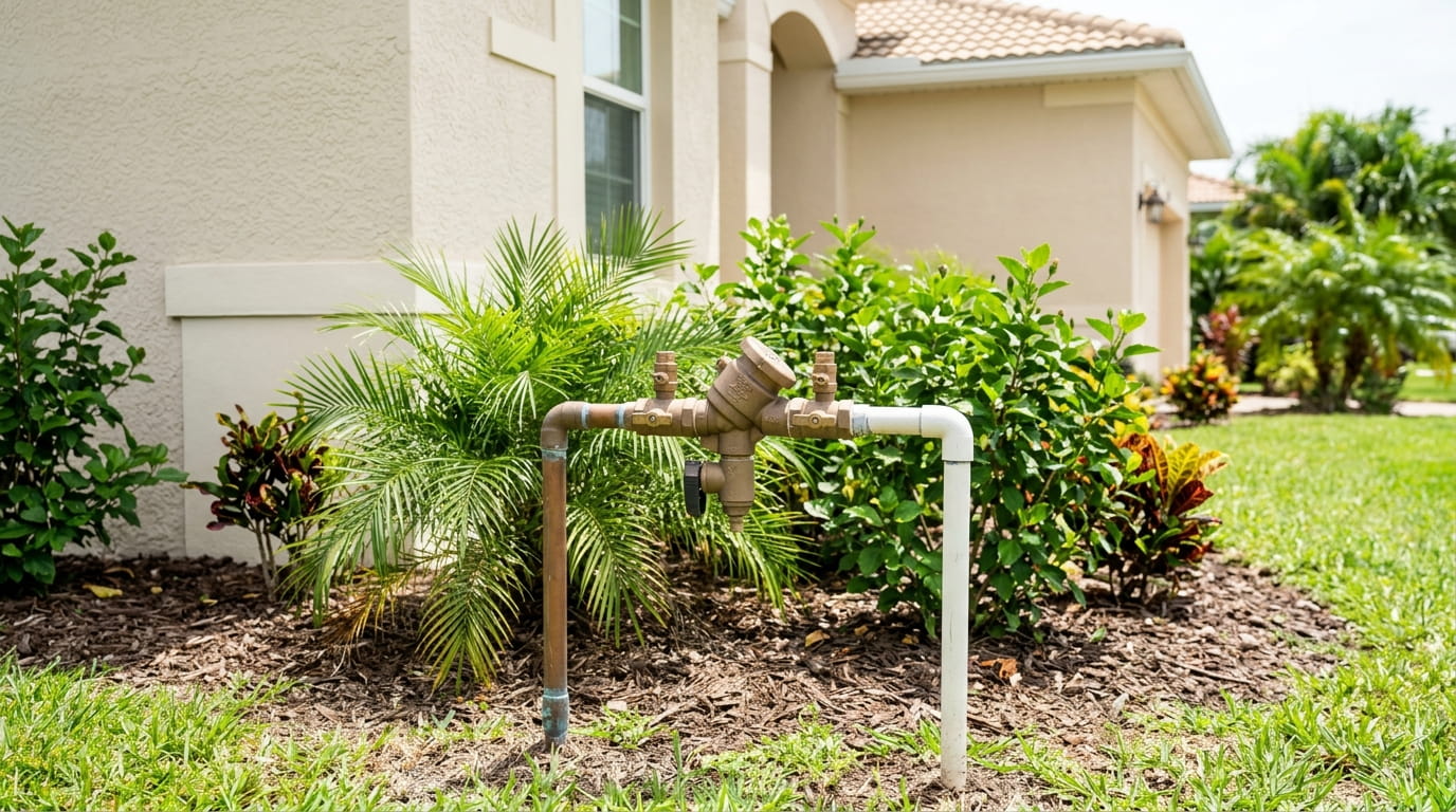 A close-up of a water pipe located in front of a house, indicating plumbing infrastructure.