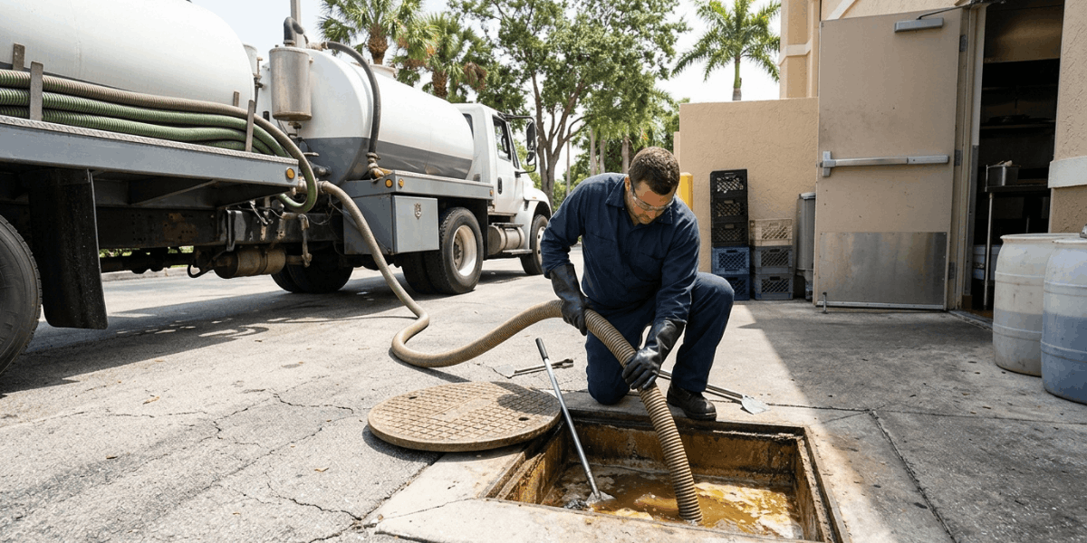 A man cleans a sewer with a hose, demonstrating proper safety measures while managing the water flow.