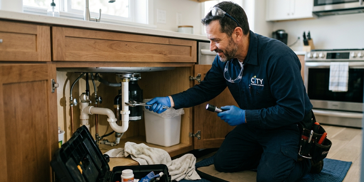 A man dressed in a blue shirt and gloves is engaged in repairing a sink, surrounded by tools and plumbing materials.