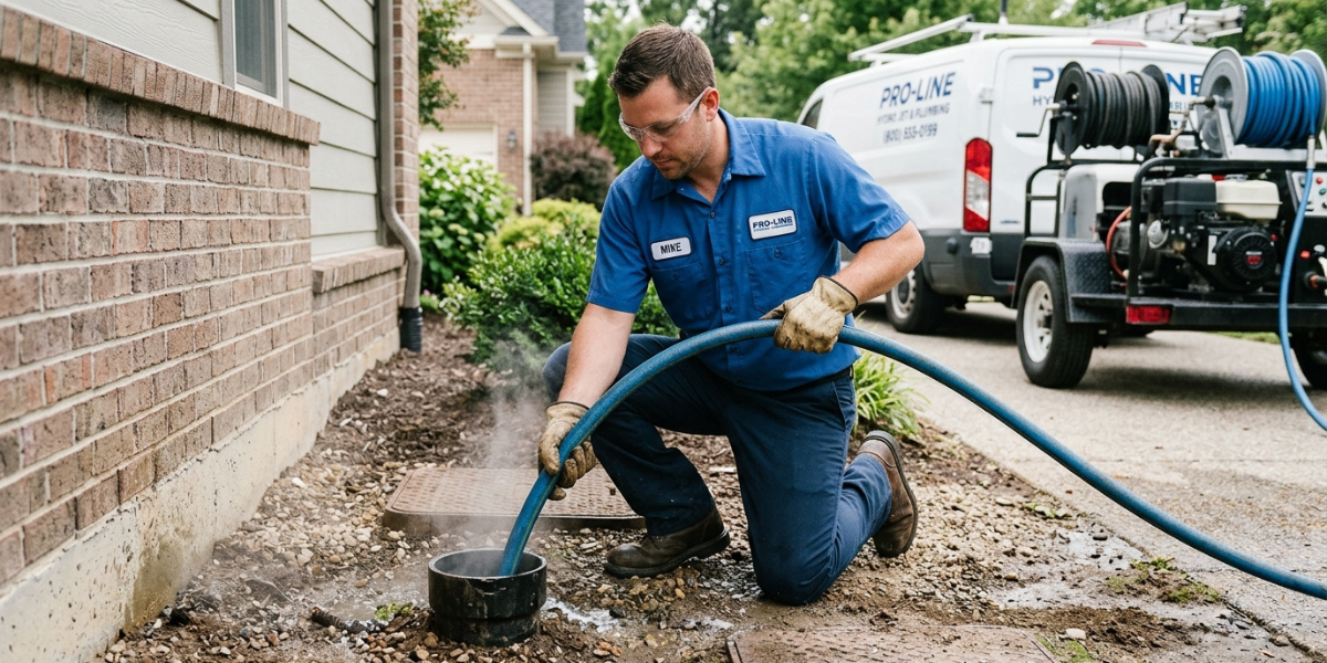 A man in a blue shirt uses a hose to spray water on a driveway, removing grime and enhancing its appearance.