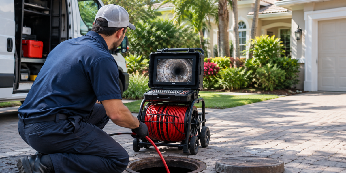 A man cleans a drain with a hose, emphasizing the importance of regular sewer line maintenance for homeowners.