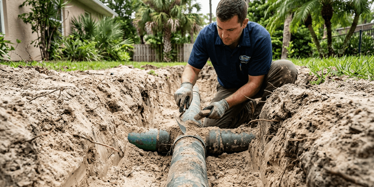 A man repairs a sewer pipe in a sandy yard, illustrating the impact of sandy soil on sewer line maintenance.
